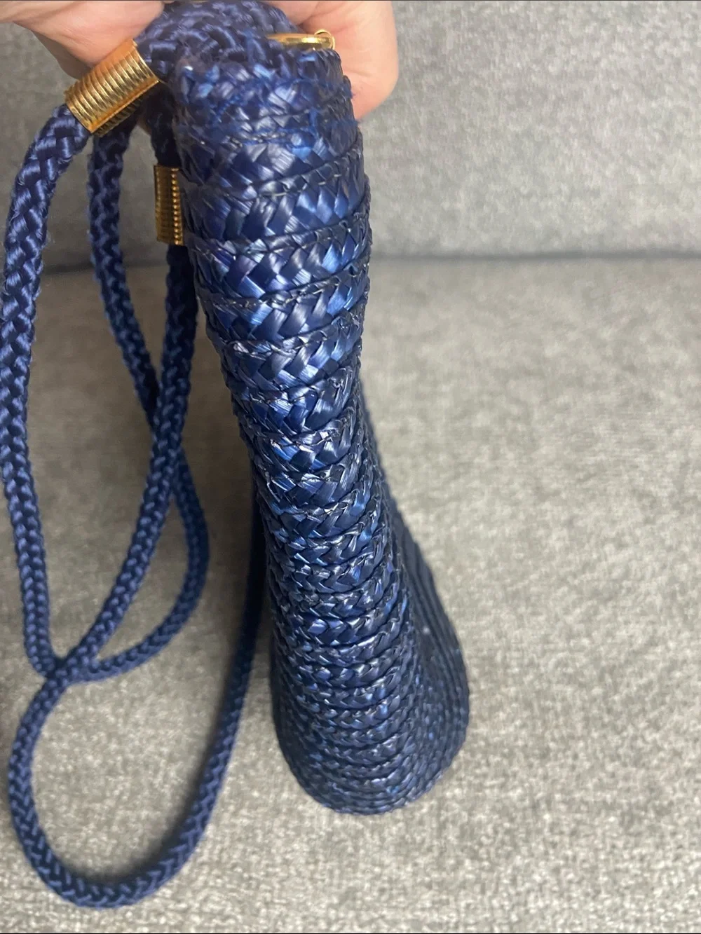 Straw tote in navy with gold trim